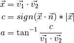 \vec{x} &= \vec{v_1} \cdot \vec{v_2} \\
c &= sign(\vec{x} \cdot \vec{n}) * |\vec{x}| \\
a &= \tan^{-1} \frac{c}{\vec{v_1} \cdot \vec{v_2}}